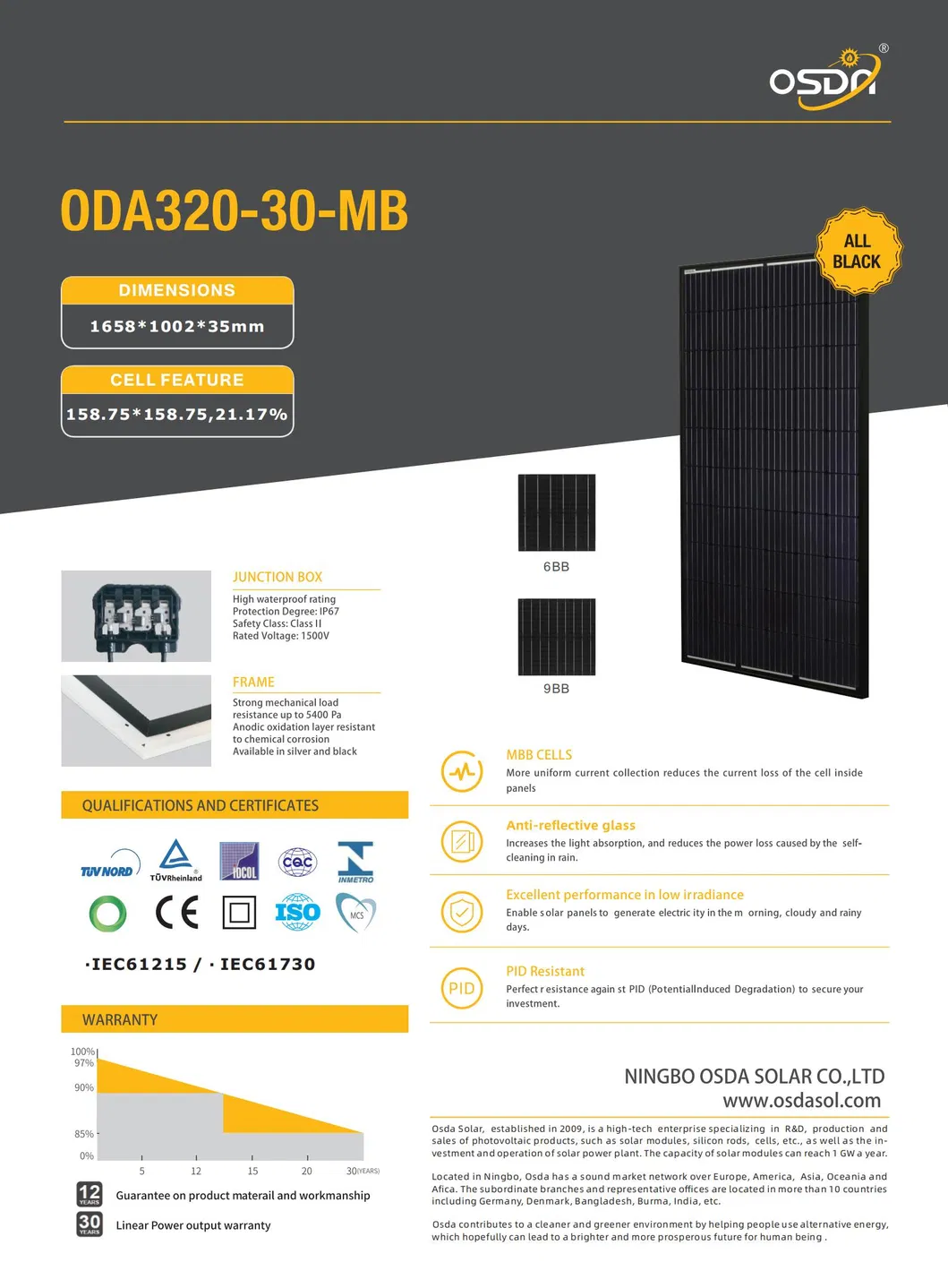 Mono 320W 330W Black PV Module Solar Panel with TUV&CE