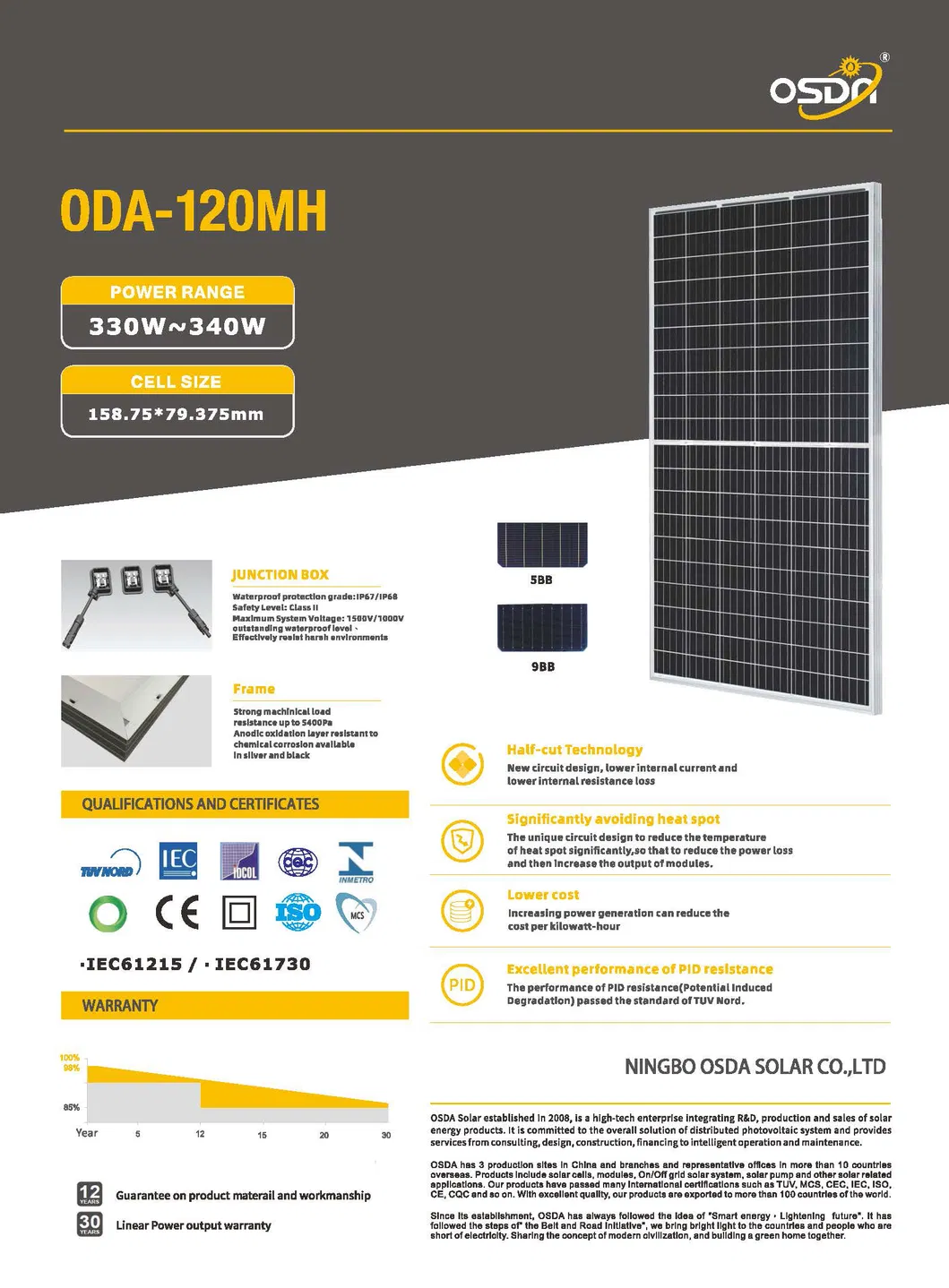 Mono 340W Half Cells Solar Panel PV Module with TUV&CE