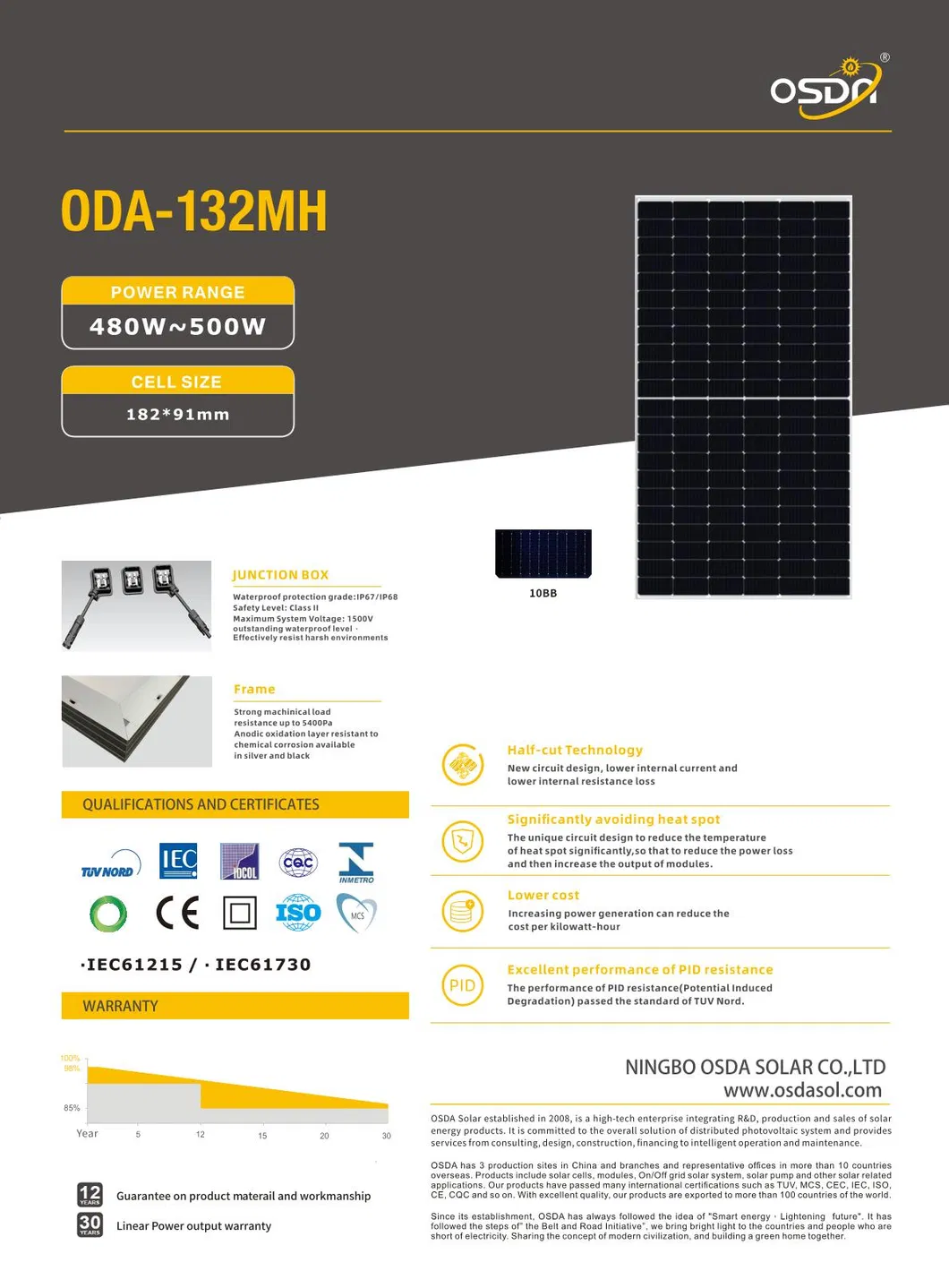 Mono 485W Solar Cell182 Solar Panel PV Module with TUV for Solar System