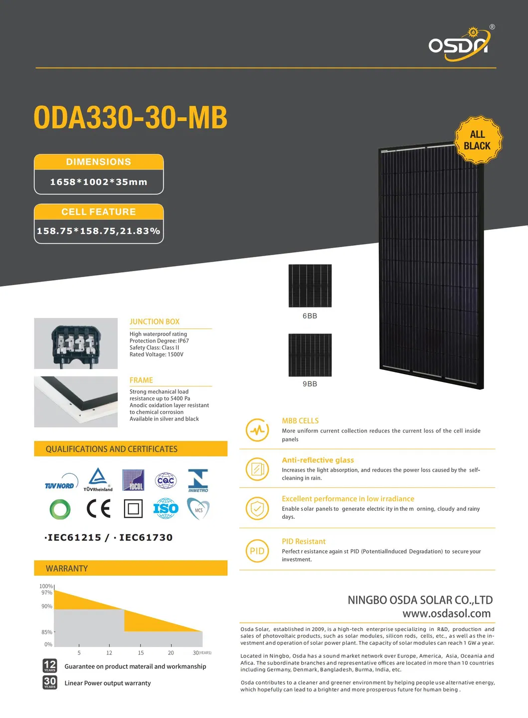 Mono Crystalline 320W 330W Black PV Module Solar Panel with TUV&CE