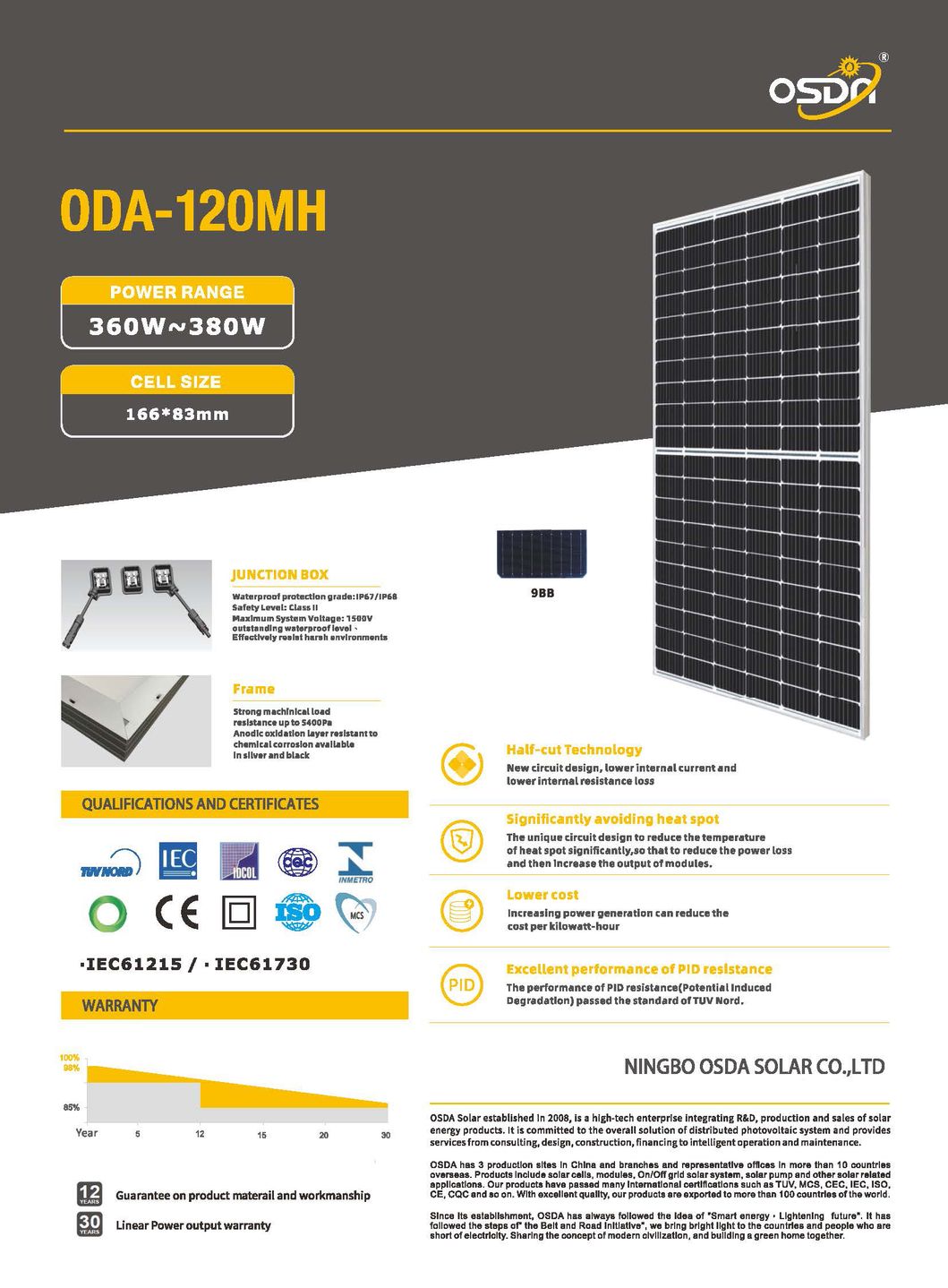 Monocrystalline 375W Solar Module with TUV&CE for System