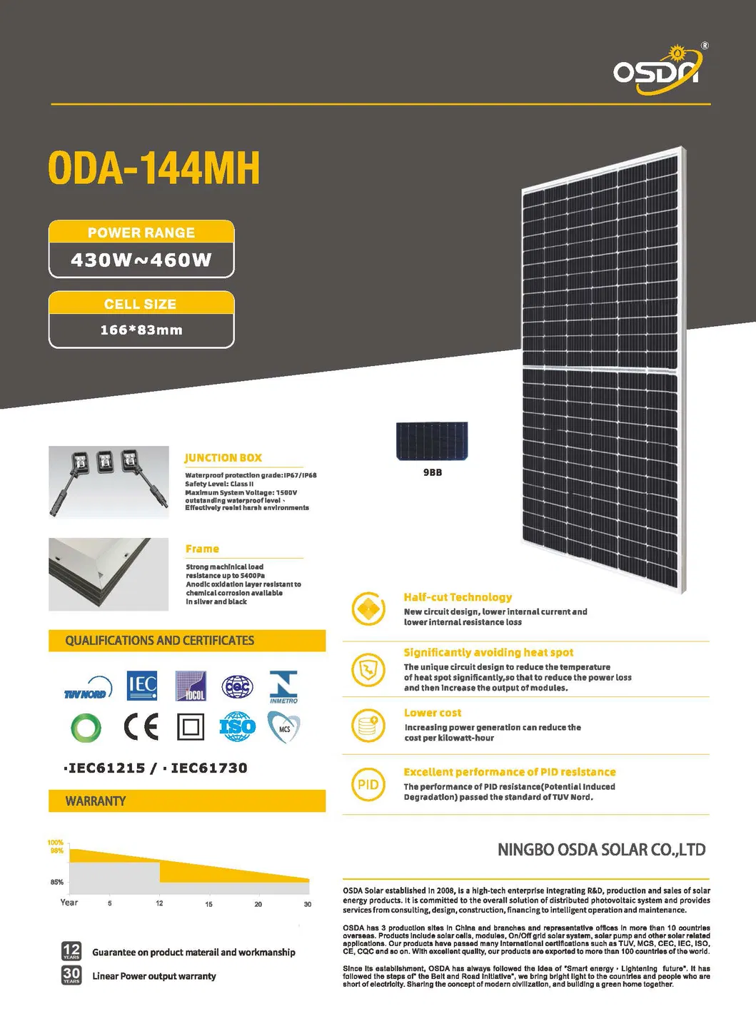 Osda Half Cells Solar Panel Mono PV Module New Products 9bb 166*83mm 430W 460W with TUV, ISO, CQC with Fast Delivery