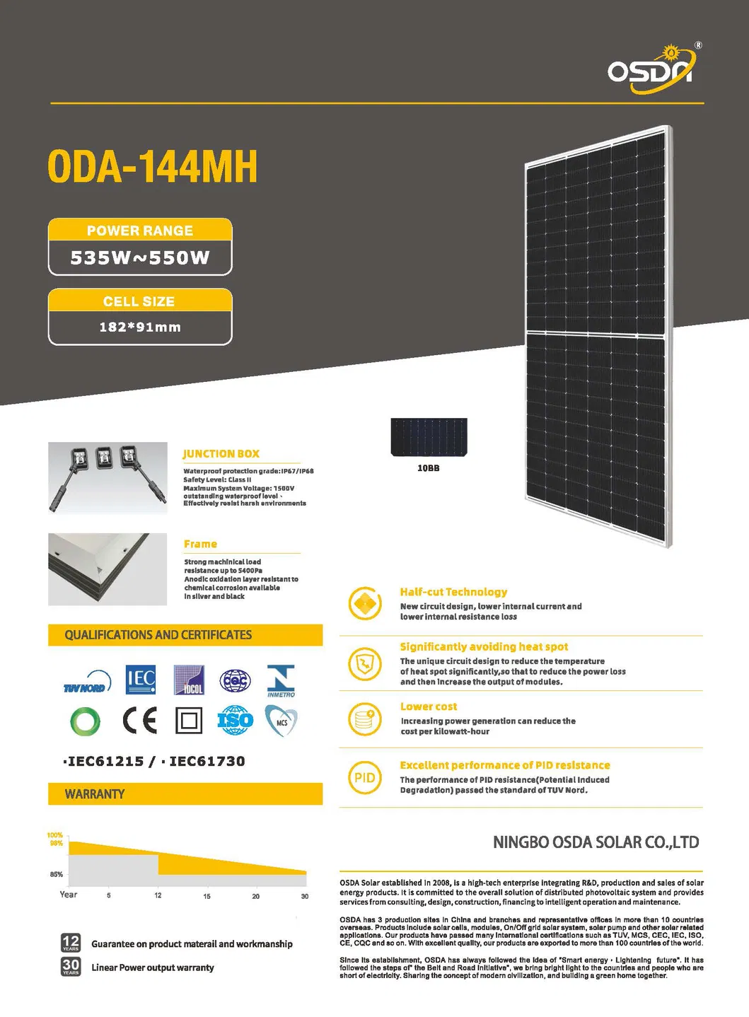 Osda Half Cut 144 Cell 540W 550W Mono Solar Panel Cell Module for Solar Power System