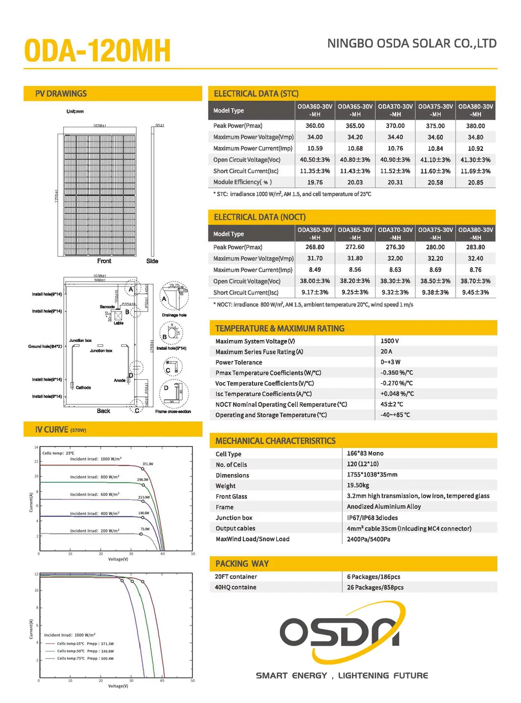 Osda High Efficiency 166*83mm Half-Cut Cells 375 380W Mono Solar Module Panel