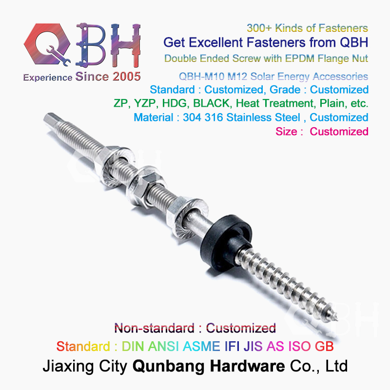 Qbh Stainless Steel Solar Power Energy Panel Holder Dual Ended Thread Stud Flange Nut EPDM Washer Roofing Bolt Repairing Replace Spare PV Photovoltaic Parts
